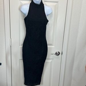 HMS Dress Hot Miami Styles Turtle Neck Sleeveless Black Floral Lace Lined Midi
